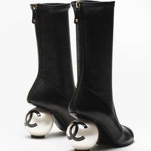 Chanel 25K Black White Pearl Ball Heel CC Logo Stretch Leather Calf Boots